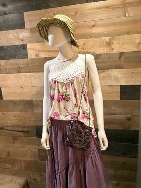 Crochet Yoke Floral Halter Tank Top - Cream with Pink Floral